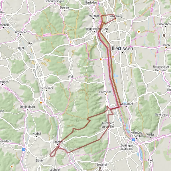 Map miniature of "Altenstadt and Gutenzell Tour" cycling inspiration in Schwaben, Germany. Generated by Tarmacs.app cycling route planner