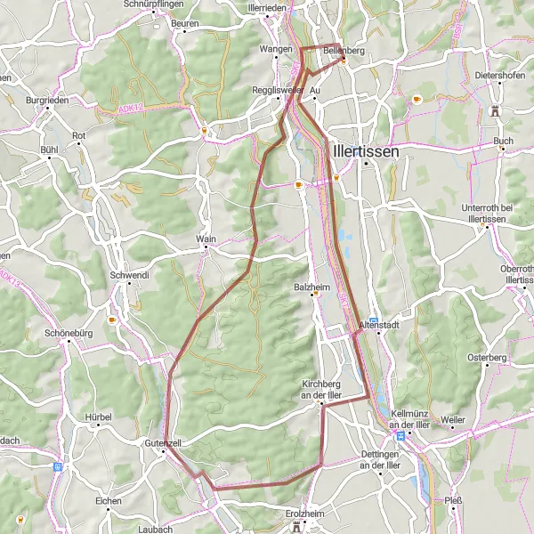 Map miniature of "Altenstadt and Regglisweiler Loop" cycling inspiration in Schwaben, Germany. Generated by Tarmacs.app cycling route planner