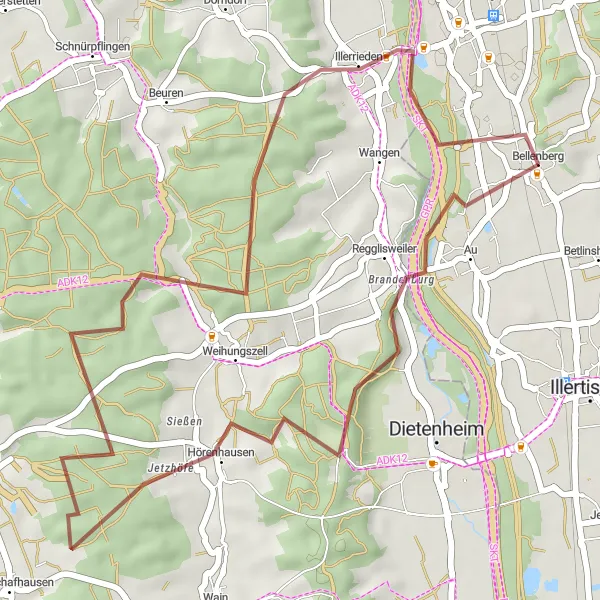 Map miniature of "Regglisweiler and Illerrieden Loop" cycling inspiration in Schwaben, Germany. Generated by Tarmacs.app cycling route planner
