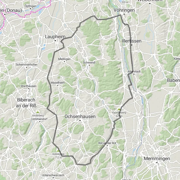Map miniature of "The Altenstadt Loop" cycling inspiration in Schwaben, Germany. Generated by Tarmacs.app cycling route planner