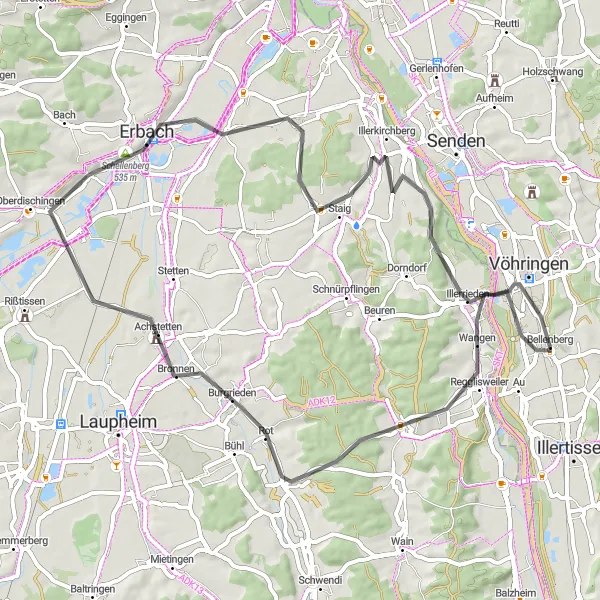 Map miniature of "The Achstetten Circuit" cycling inspiration in Schwaben, Germany. Generated by Tarmacs.app cycling route planner