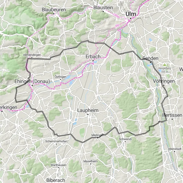 Map miniature of "Wain and Allmendingen Adventure" cycling inspiration in Schwaben, Germany. Generated by Tarmacs.app cycling route planner