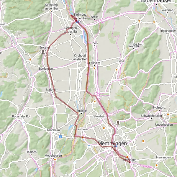 Map miniature of "Memmingen-Dettingen Loop" cycling inspiration in Schwaben, Germany. Generated by Tarmacs.app cycling route planner