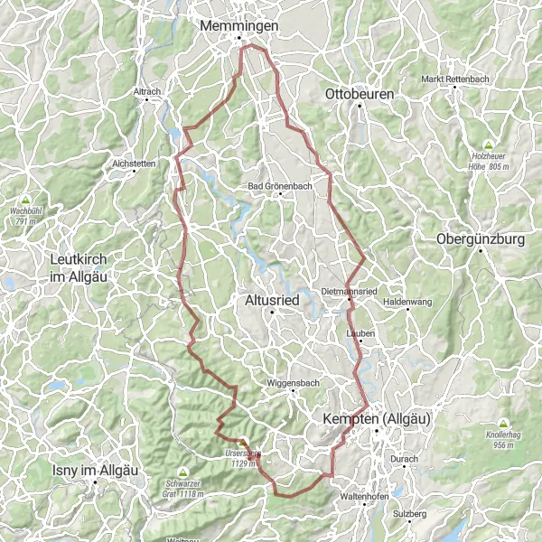 Map miniature of "Wolfertschwenden-Ursersberg Loop" cycling inspiration in Schwaben, Germany. Generated by Tarmacs.app cycling route planner