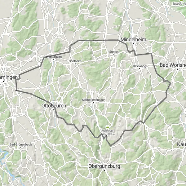 Map miniature of "Memmingerberg-Kohlberg Loop" cycling inspiration in Schwaben, Germany. Generated by Tarmacs.app cycling route planner