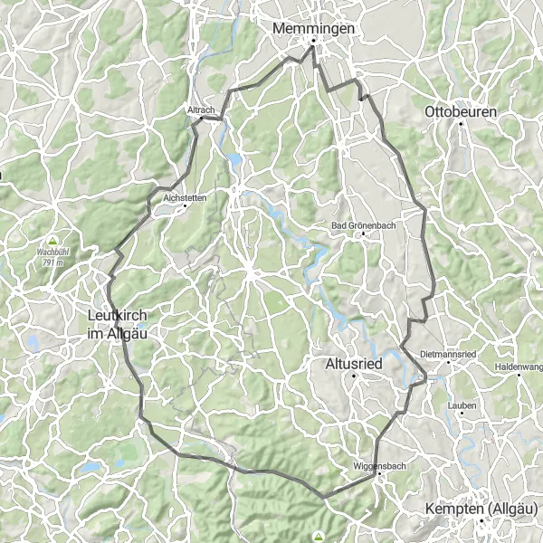 Map miniature of "The Road to Allgäu" cycling inspiration in Schwaben, Germany. Generated by Tarmacs.app cycling route planner