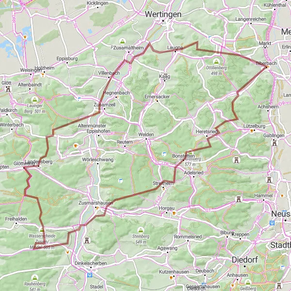 Karten-Miniaturansicht der Radinspiration "Gravel Runde um Biberbach" in Schwaben, Germany. Erstellt vom Tarmacs.app-Routenplaner für Radtouren