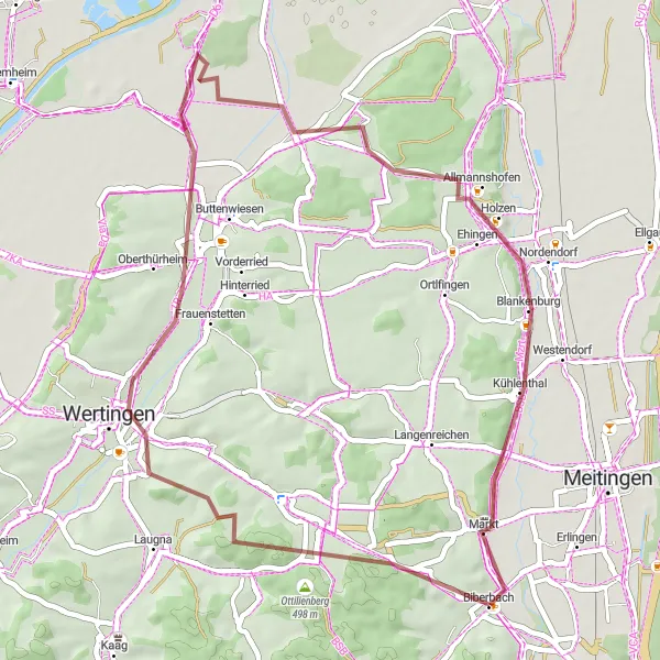 Map miniature of "Weinberg and Wertingen Gravel Adventure" cycling inspiration in Schwaben, Germany. Generated by Tarmacs.app cycling route planner