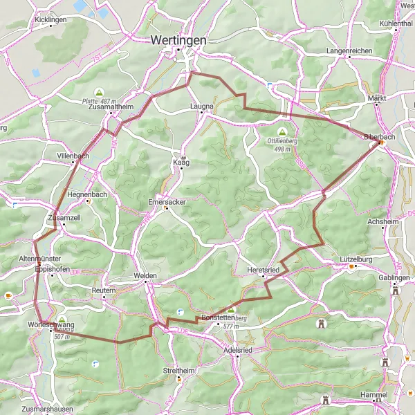Map miniature of "Scenic Villages and Countryside Gravel Loop" cycling inspiration in Schwaben, Germany. Generated by Tarmacs.app cycling route planner