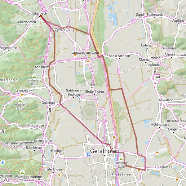 Karten-Miniaturansicht der Radinspiration "Entspannte Gravel Tour nach Gersthofen" in Schwaben, Germany. Erstellt vom Tarmacs.app-Routenplaner für Radtouren