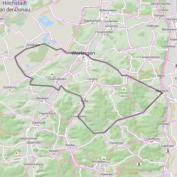 Karten-Miniaturansicht der Radinspiration "Kurze Road Tour durch die Region" in Schwaben, Germany. Erstellt vom Tarmacs.app-Routenplaner für Radtouren
