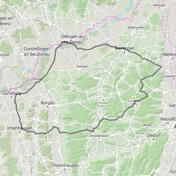 Map miniature of "Staufenberg to Weinberg Circuit" cycling inspiration in Schwaben, Germany. Generated by Tarmacs.app cycling route planner