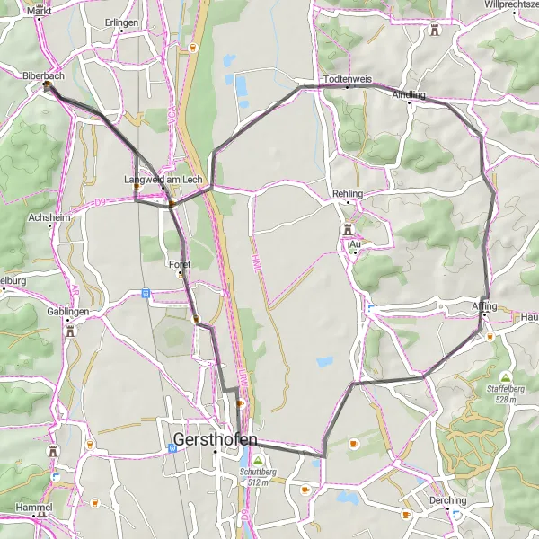 Map miniature of "Todtenweis to Langweid Circuit" cycling inspiration in Schwaben, Germany. Generated by Tarmacs.app cycling route planner