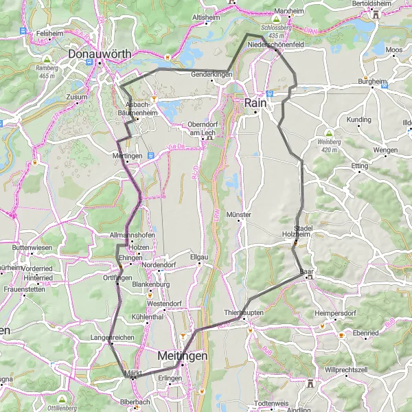 Map miniature of "Allmannshofen and Niederschönenfeld Loop" cycling inspiration in Schwaben, Germany. Generated by Tarmacs.app cycling route planner