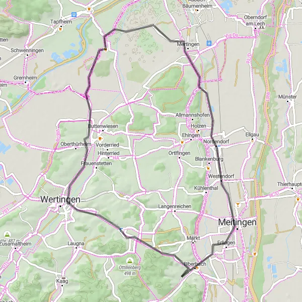 Map miniature of "Weinberg and Druisheim Road Adventure" cycling inspiration in Schwaben, Germany. Generated by Tarmacs.app cycling route planner