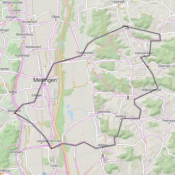 Map miniature of "The Lech River Loop" cycling inspiration in Schwaben, Germany. Generated by Tarmacs.app cycling route planner
