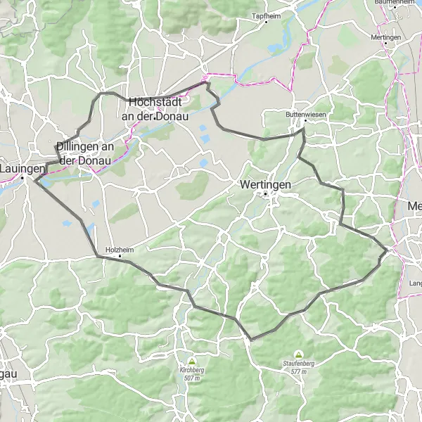 Map miniature of "The Höchstädt Loop" cycling inspiration in Schwaben, Germany. Generated by Tarmacs.app cycling route planner