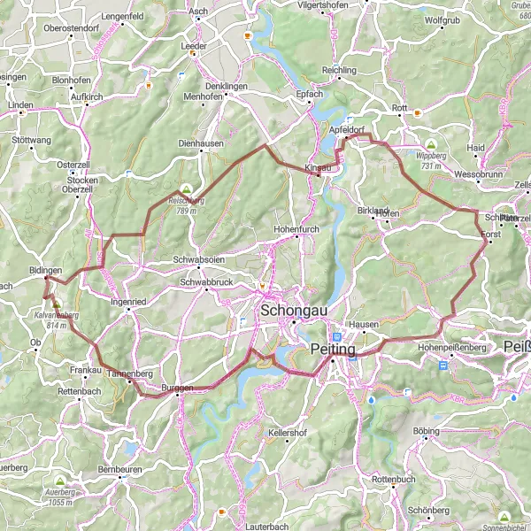 Map miniature of "The Gravel Adventure through Königsried and Kinsau" cycling inspiration in Schwaben, Germany. Generated by Tarmacs.app cycling route planner