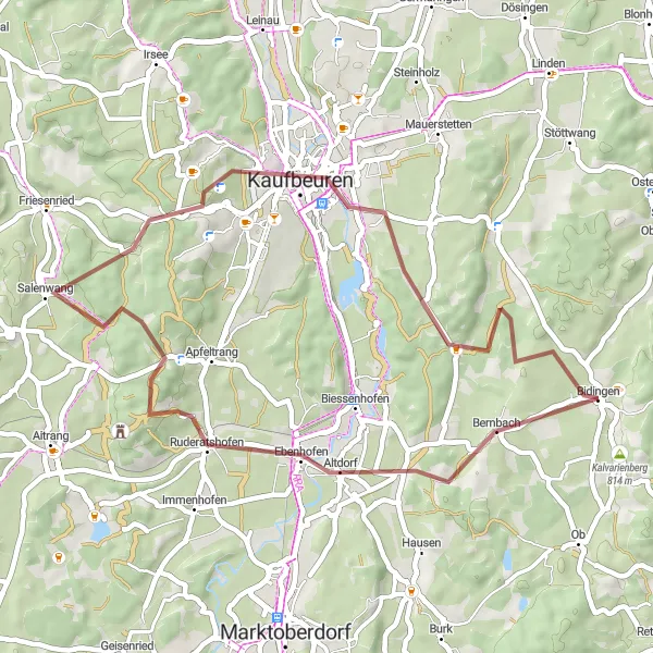 Map miniature of "Exploring the Gravel Terrain of Ruderatshofen and Kaufbeuren" cycling inspiration in Schwaben, Germany. Generated by Tarmacs.app cycling route planner