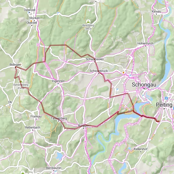 Map miniature of "Fahrenberg to Weiler Gravel Adventure" cycling inspiration in Schwaben, Germany. Generated by Tarmacs.app cycling route planner