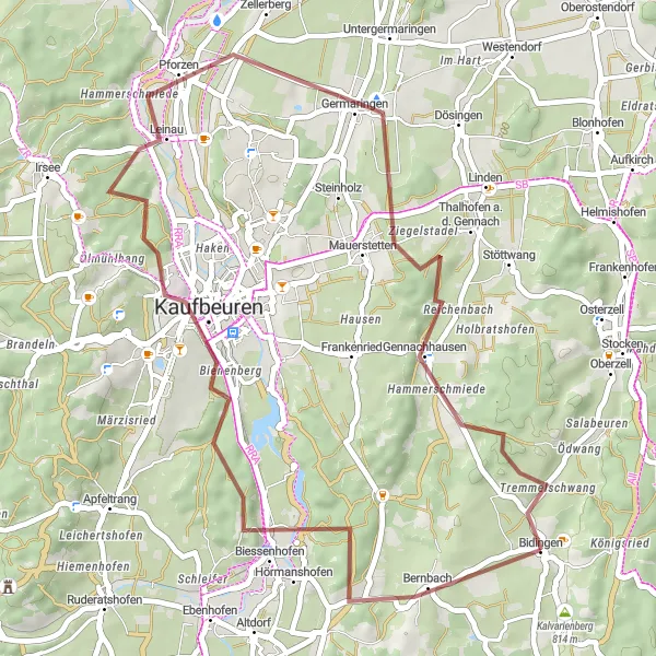 Map miniature of "Biessenhofen to Tremmelschwang Gravel Loop" cycling inspiration in Schwaben, Germany. Generated by Tarmacs.app cycling route planner