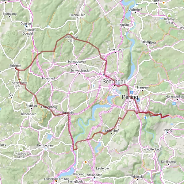 Karten-Miniaturansicht der Radinspiration "Abenteuerliche Gravelroute um Bidingen" in Schwaben, Germany. Erstellt vom Tarmacs.app-Routenplaner für Radtouren