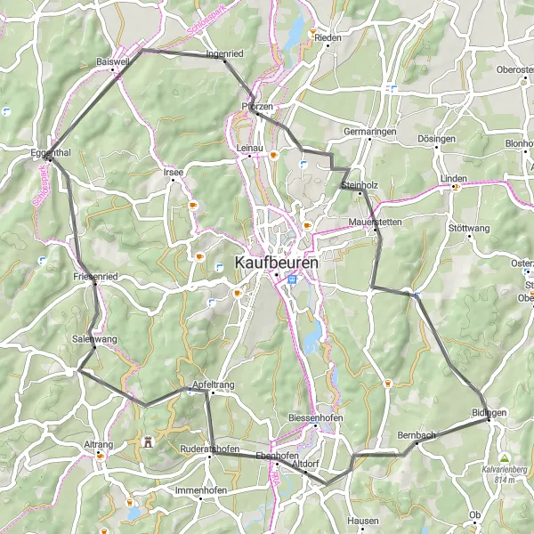 Karten-Miniaturansicht der Radinspiration "Ruderatshofen bis Mauerstetten" in Schwaben, Germany. Erstellt vom Tarmacs.app-Routenplaner für Radtouren