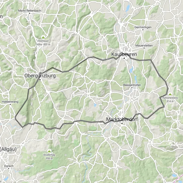 Map miniature of "The Challenging Road Ride to Marktoberdorf" cycling inspiration in Schwaben, Germany. Generated by Tarmacs.app cycling route planner