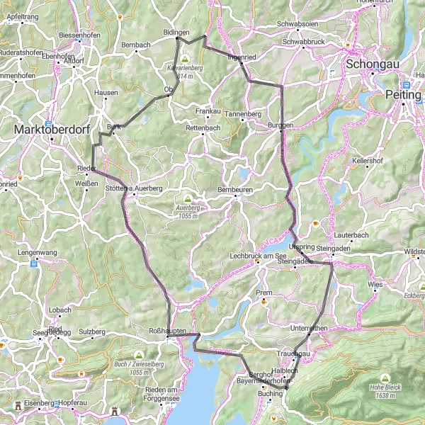 Map miniature of "The Scenic Road Ride to Steingaden and Geislatsried" cycling inspiration in Schwaben, Germany. Generated by Tarmacs.app cycling route planner