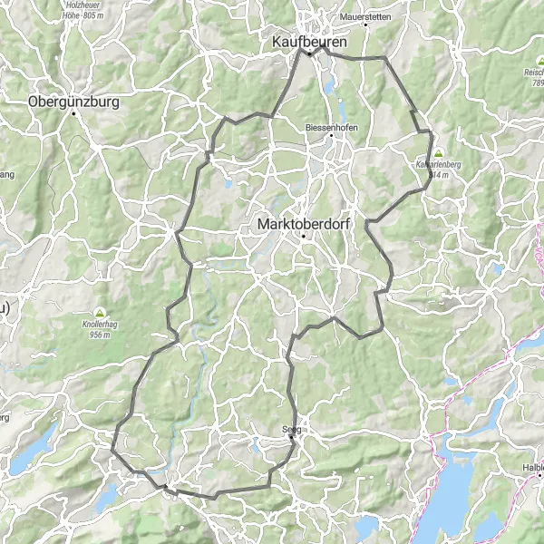 Map miniature of "Burk to Gennachhausen Loop" cycling inspiration in Schwaben, Germany. Generated by Tarmacs.app cycling route planner