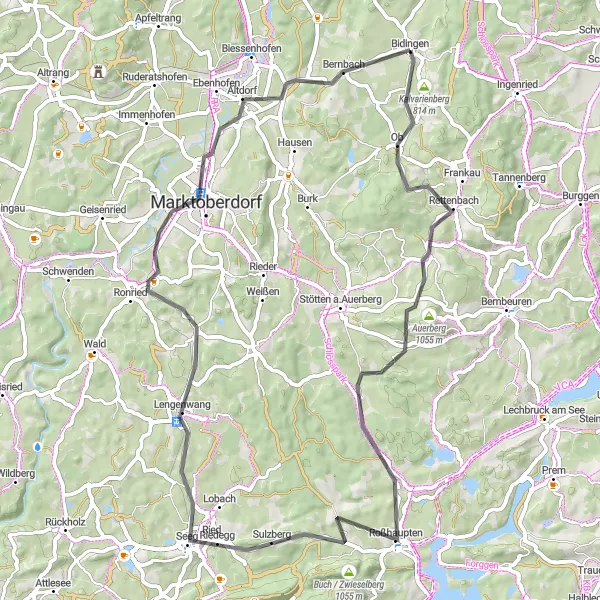 Map miniature of "Geislatsried to Bernbach Road Adventure" cycling inspiration in Schwaben, Germany. Generated by Tarmacs.app cycling route planner