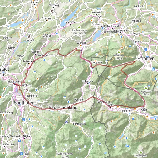 Map miniature of "Rettenberg and Schnalskopf" cycling inspiration in Schwaben, Germany. Generated by Tarmacs.app cycling route planner