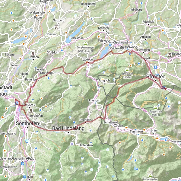 Map miniature of "Gravel Cycling Paradise around Blaichach" cycling inspiration in Schwaben, Germany. Generated by Tarmacs.app cycling route planner