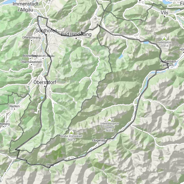 Map miniature of "The Ultimate Road Cycling Adventure in Blaichach" cycling inspiration in Schwaben, Germany. Generated by Tarmacs.app cycling route planner