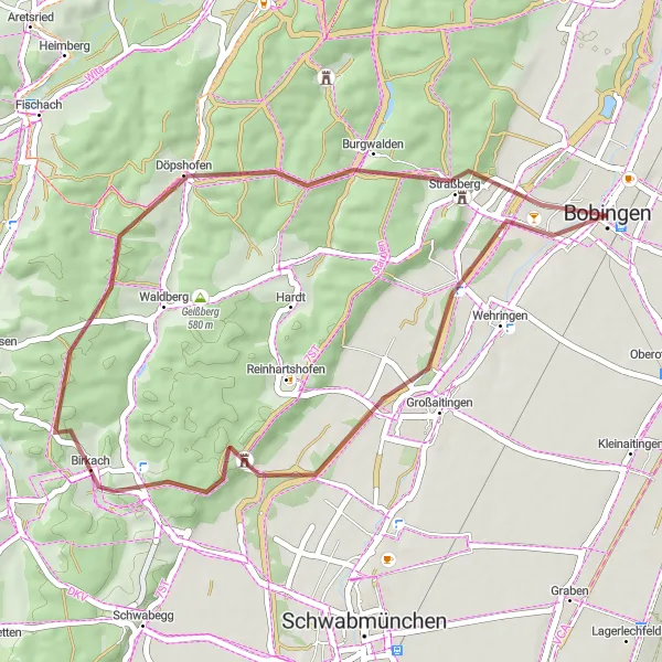 Map miniature of "Scenic Gravel Adventure near Bobingen" cycling inspiration in Schwaben, Germany. Generated by Tarmacs.app cycling route planner