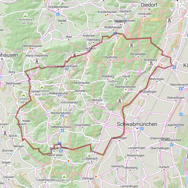 Map miniature of "Hiltenfingen Gravel Explorer" cycling inspiration in Schwaben, Germany. Generated by Tarmacs.app cycling route planner