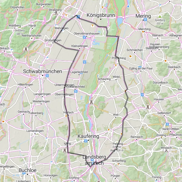 Map miniature of "Bobingen to Wehringen Loop: Exploring Scenic Roads" cycling inspiration in Schwaben, Germany. Generated by Tarmacs.app cycling route planner