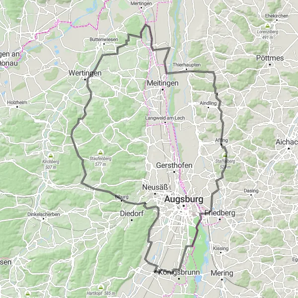 Map miniature of "Road Challenge through Horgau and Thierhaupten" cycling inspiration in Schwaben, Germany. Generated by Tarmacs.app cycling route planner