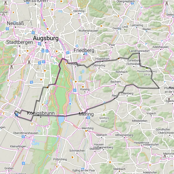 Karten-Miniaturansicht der Radinspiration "Rundweg um Bobingen" in Schwaben, Germany. Erstellt vom Tarmacs.app-Routenplaner für Radtouren