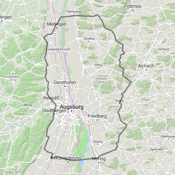 Map miniature of "Road Cycling Tour to Königsbrunn" cycling inspiration in Schwaben, Germany. Generated by Tarmacs.app cycling route planner