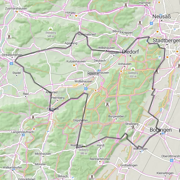Map miniature of "Wehringen Loop: A Scenic Road Cycling Route" cycling inspiration in Schwaben, Germany. Generated by Tarmacs.app cycling route planner