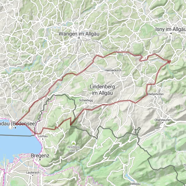 Map miniature of "Gravel Adventure around Sigmarszell" cycling inspiration in Schwaben, Germany. Generated by Tarmacs.app cycling route planner