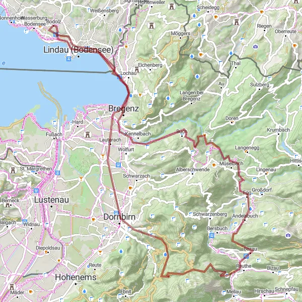 Map miniature of "Scenic Gravel Journey to Dornbirn" cycling inspiration in Schwaben, Germany. Generated by Tarmacs.app cycling route planner