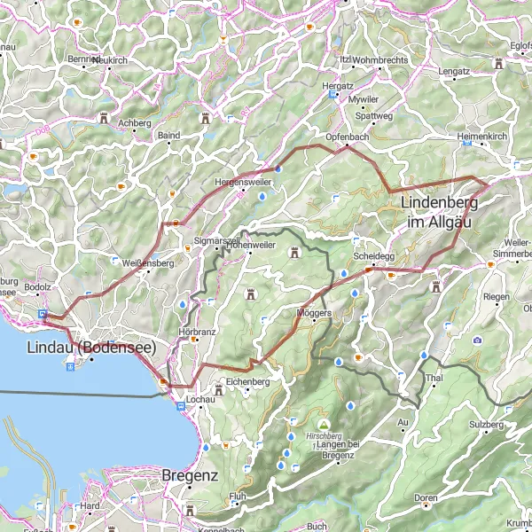 Map miniature of "Rural Gravel Ride to Lochau" cycling inspiration in Schwaben, Germany. Generated by Tarmacs.app cycling route planner