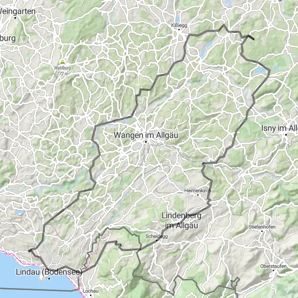Karten-Miniaturansicht der Radinspiration "Herrmannsberg - Bodolz Rundtour" in Schwaben, Germany. Erstellt vom Tarmacs.app-Routenplaner für Radtouren