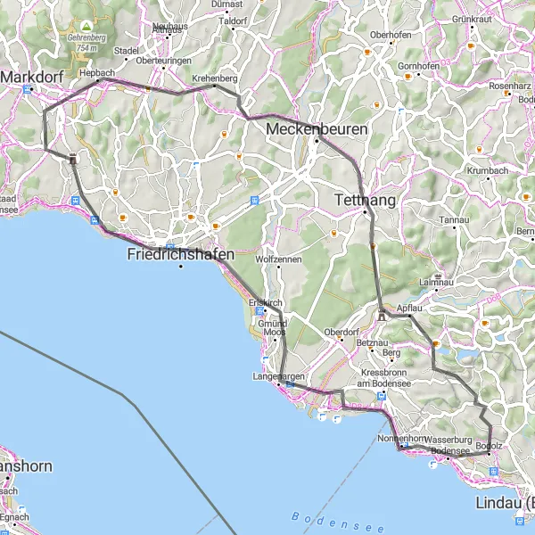 Map miniature of "Langenargen and Friedrichshafen Loop" cycling inspiration in Schwaben, Germany. Generated by Tarmacs.app cycling route planner