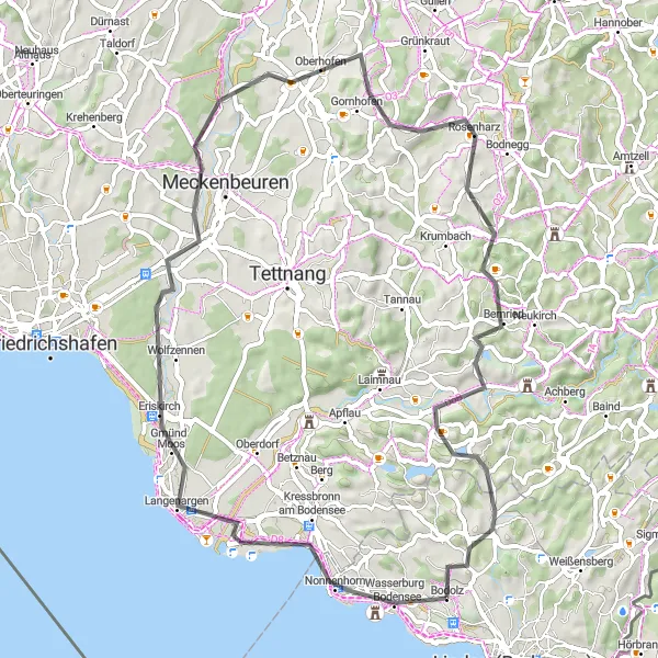 Map miniature of "Lake Constance Loop" cycling inspiration in Schwaben, Germany. Generated by Tarmacs.app cycling route planner