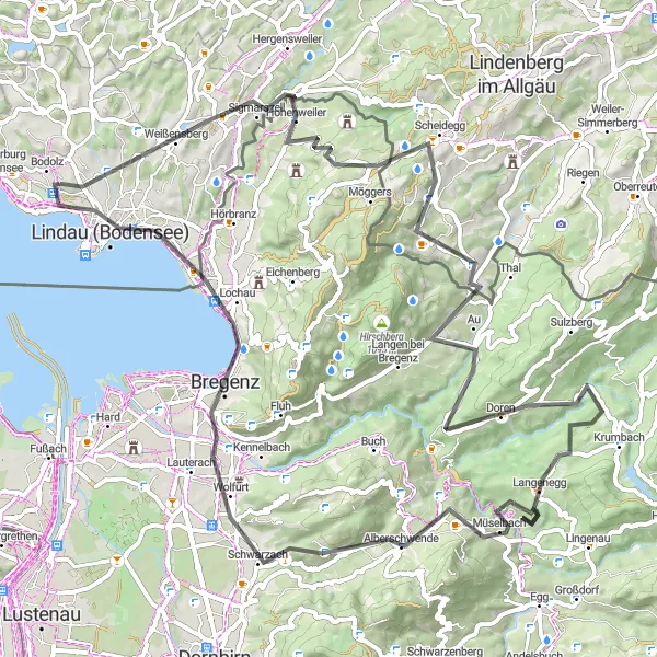 Karten-Miniaturansicht der Radinspiration "Bodolz - Lindau Rundtour" in Schwaben, Germany. Erstellt vom Tarmacs.app-Routenplaner für Radtouren