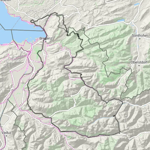 Map miniature of "Climbing Challenge: Bodolz to Bregenz" cycling inspiration in Schwaben, Germany. Generated by Tarmacs.app cycling route planner