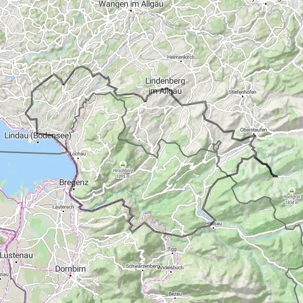 Map miniature of "Scenic Route: Bodolz to Lindau" cycling inspiration in Schwaben, Germany. Generated by Tarmacs.app cycling route planner